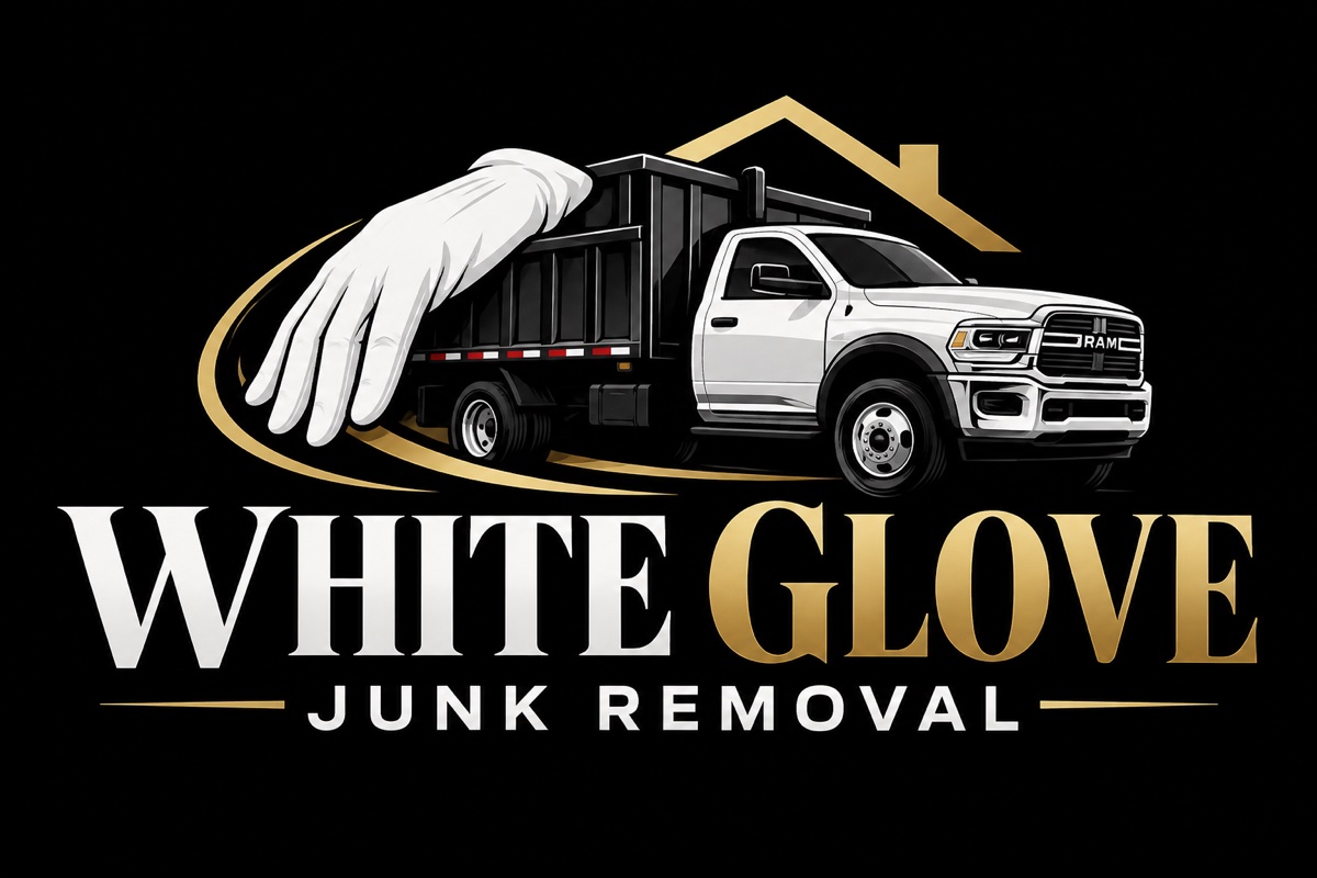 White Glove Junk Removal logo: a white-gloved hand on a black dump truck under a gold roofline